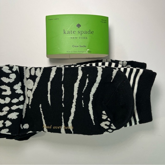 NWT Kate Spade Crew Socks 3 Pack One Size 4-10 Black White Striped Flower Animal - Picture 6 of 8